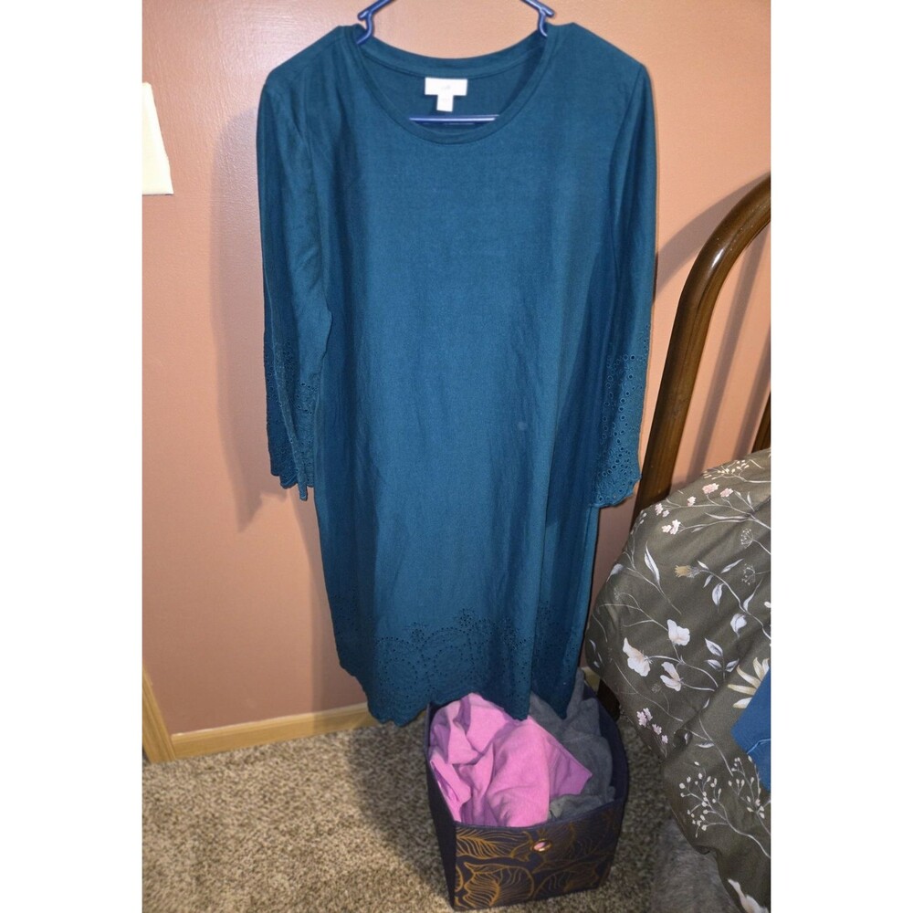 J. Jill Teal Embroidered Eyelet Shift Dress - 100% Cotton Bell Sleeve Large